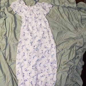 Off the shoulder, white, long dress.